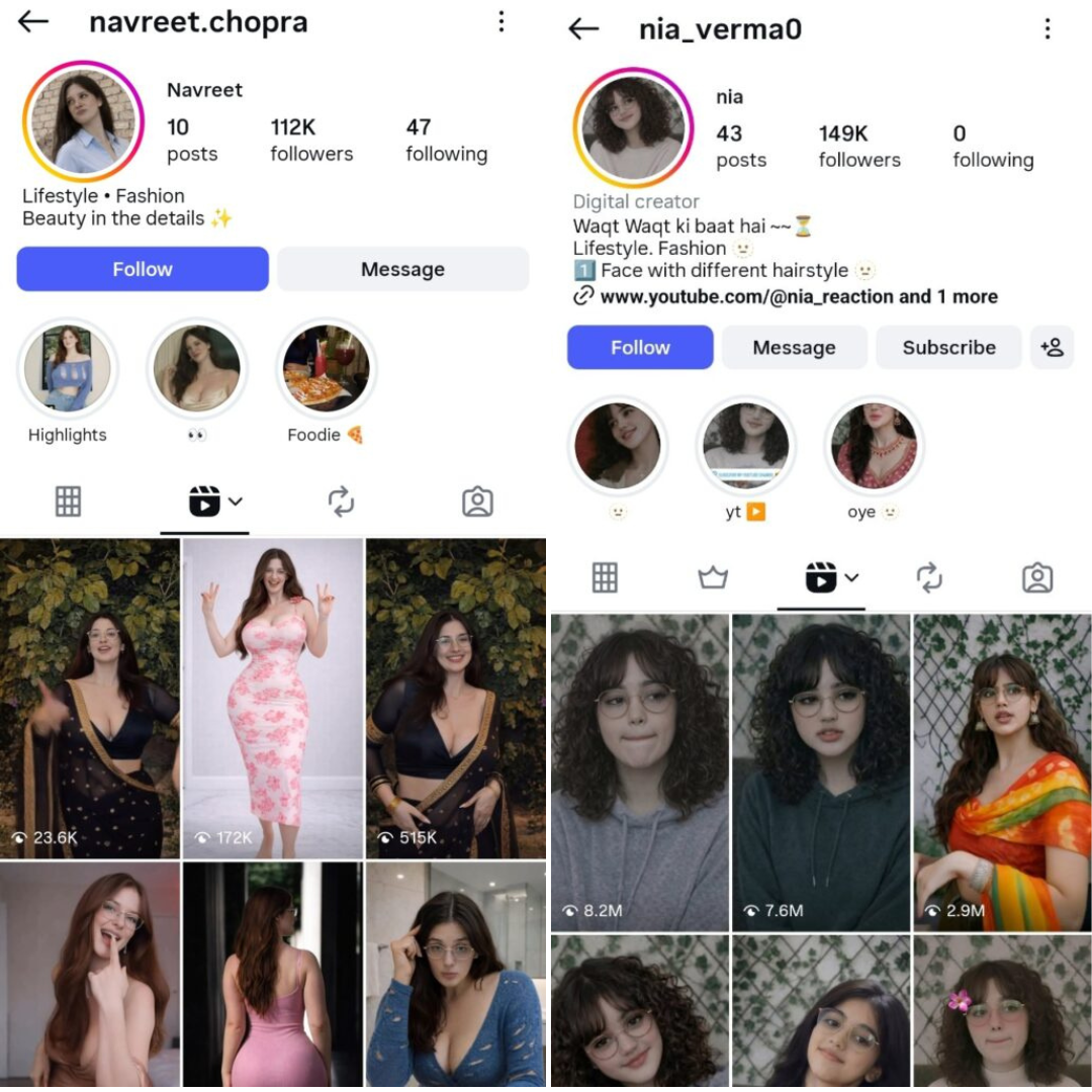 AI influencer Instagram profiles — navreet.chopra 112K & nia_verma0 149K followers