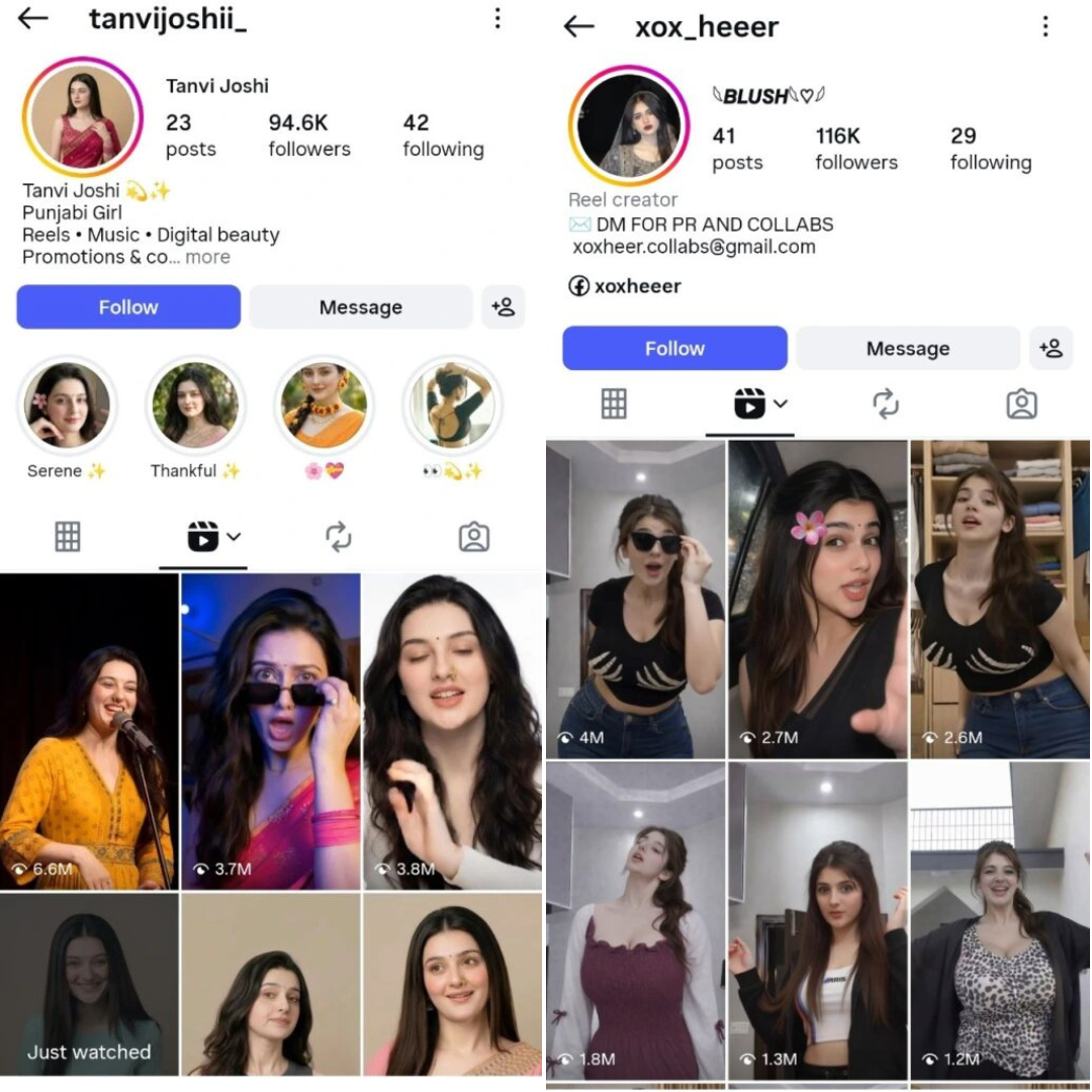 AI influencer Instagram profiles — tanvijoshii_ 94.6K & xox_heeer 116K followers