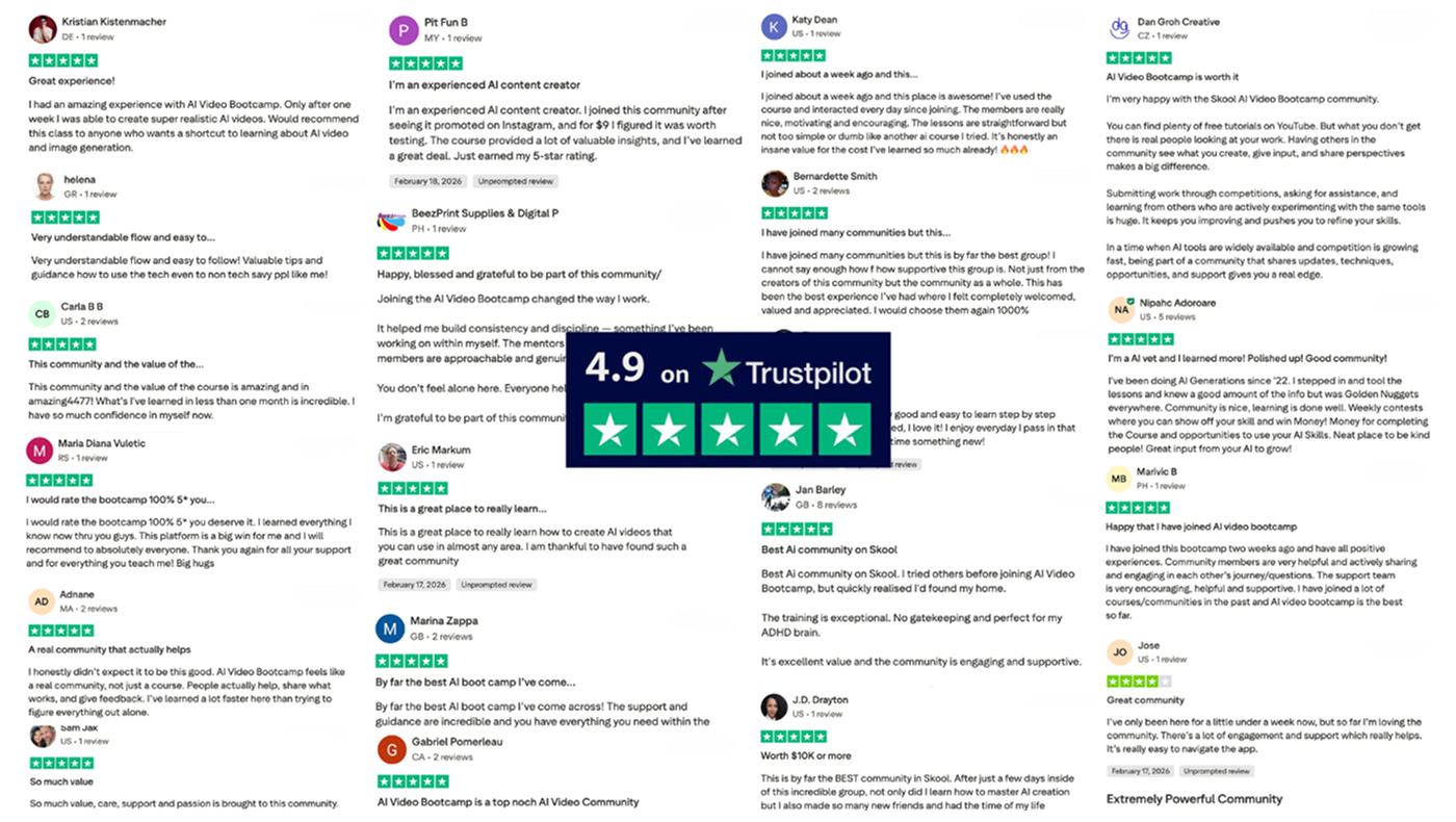 Trustpilot reviews — 4.9 out of 5 stars from AI Influencers Class students
